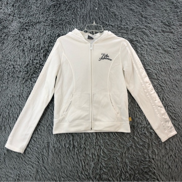 Nike Jacket Athletics Womens Medium Logo Full Zip White Fleece Hood Pockets - Picture 1 of 12